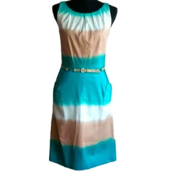 New Nine West Sleeveless Sheath Belted Dress - Turquoise Beige Cream - Picture 4 of 8